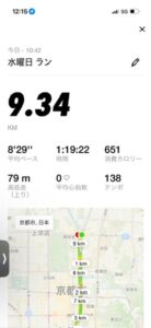 ランニングアプリの記録（鴨川 往復約9.34km・1時間20分）