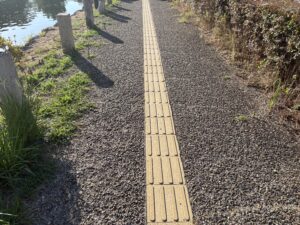 中濠東西通りの歩道|粗い石のコンクリートで凸凹している