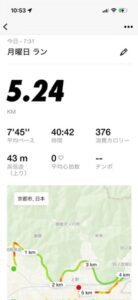 ランニングアプリの記録|御陵駅から山科駅まで5.24km・約40分