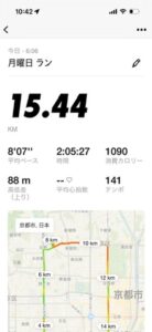 ランニングアプリの記録。15.44km・2時間5分・平均ペース8分07秒