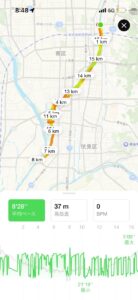 ランニングアプリに表示された七条大橋から桂川合流点までのコース地図