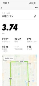 ランニングアプリの記録。3.74km・27分47秒・平均ペース7分25秒