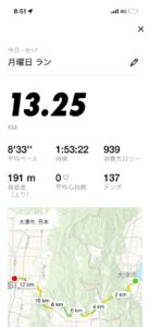 ランニングアプリの記録。13.25km・1時間53分22秒