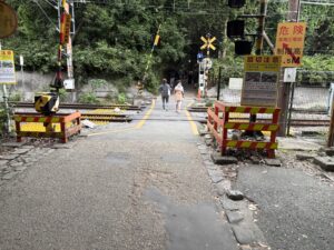竹林の小径の先の踏切
