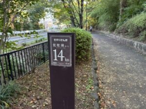 琵琶湖から14kmの標柱